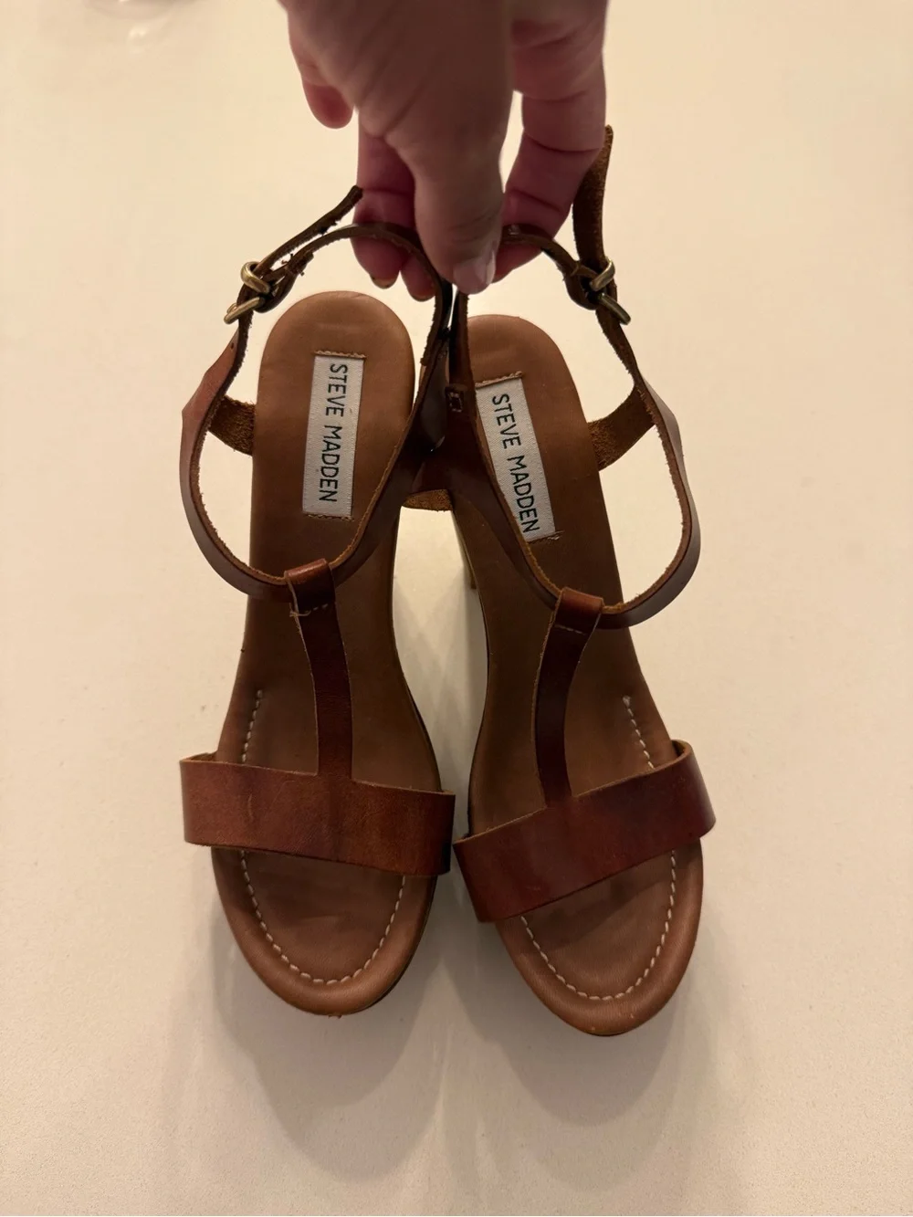 Steve Madden Tan Brown Leather Wedge Sandals